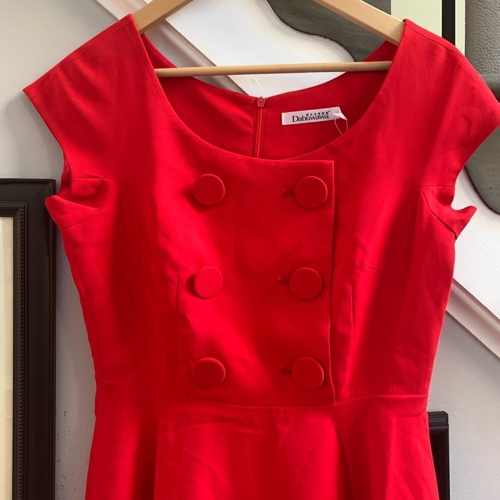 Dabuwawa Pinup Girl VLV Double Breasted Red Swing Dress sz M NWT